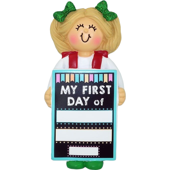 Blonde female ornament holding customizable "My First Day" sign with green bows from Christmas Ornaments & Tree Decorations collection