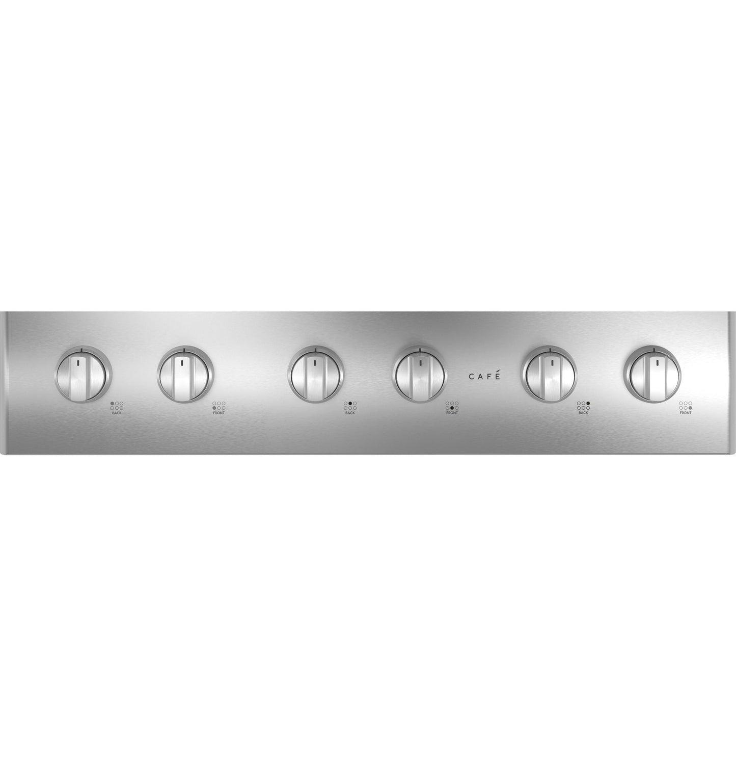 Stainless steel control panel with six burner knobs for a commercial-style gas cooktop in kitchen appliances collection