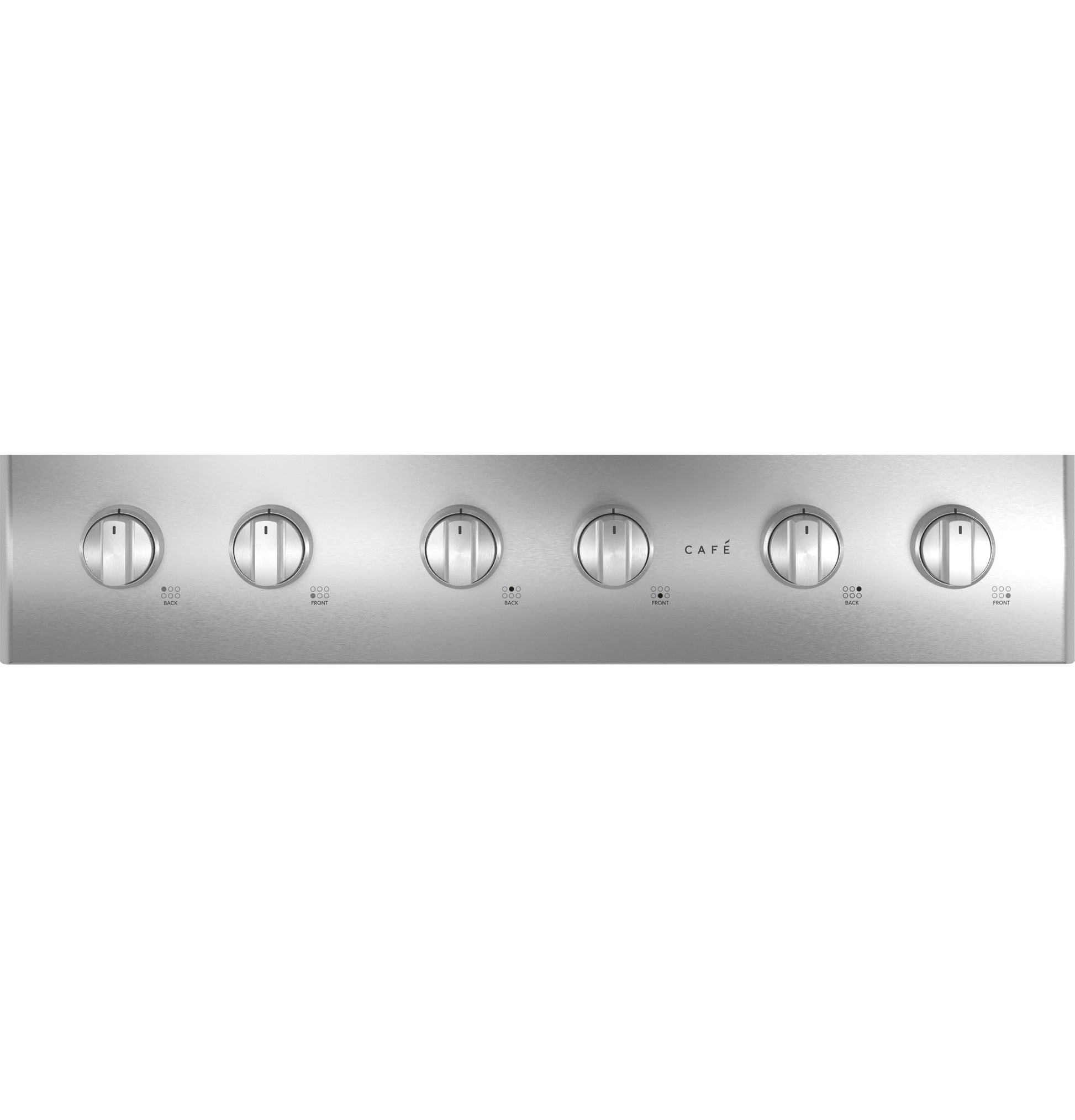 Stainless steel control panel with six burner knobs for a commercial-style gas cooktop in kitchen appliances collection
