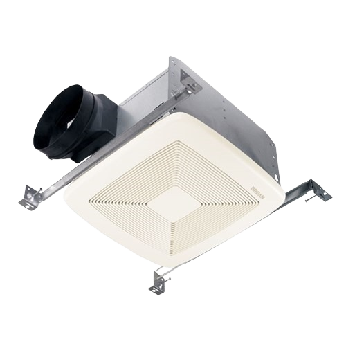 Ceiling-mounted beige ventilation fan with metal housing and mounting brackets for bathroom and home improvement use