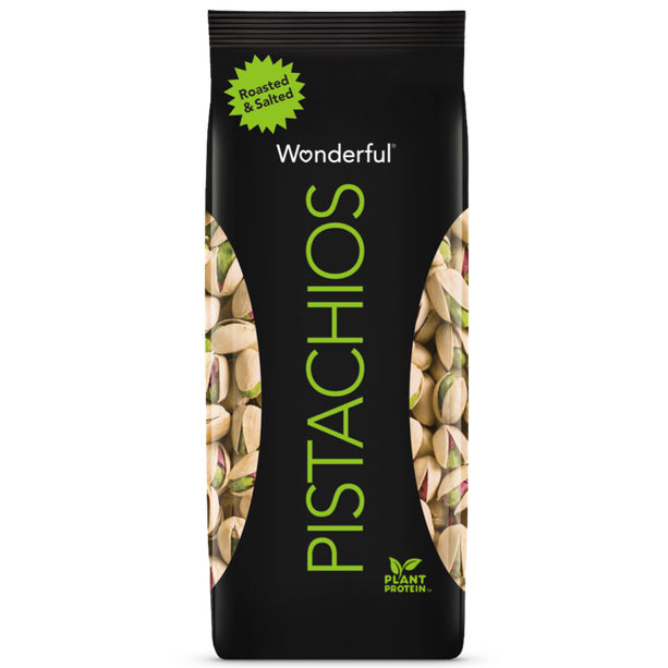 Bag of Wonderful roasted and salted shelled pistachios, plant protein snack in chips and snacks collection