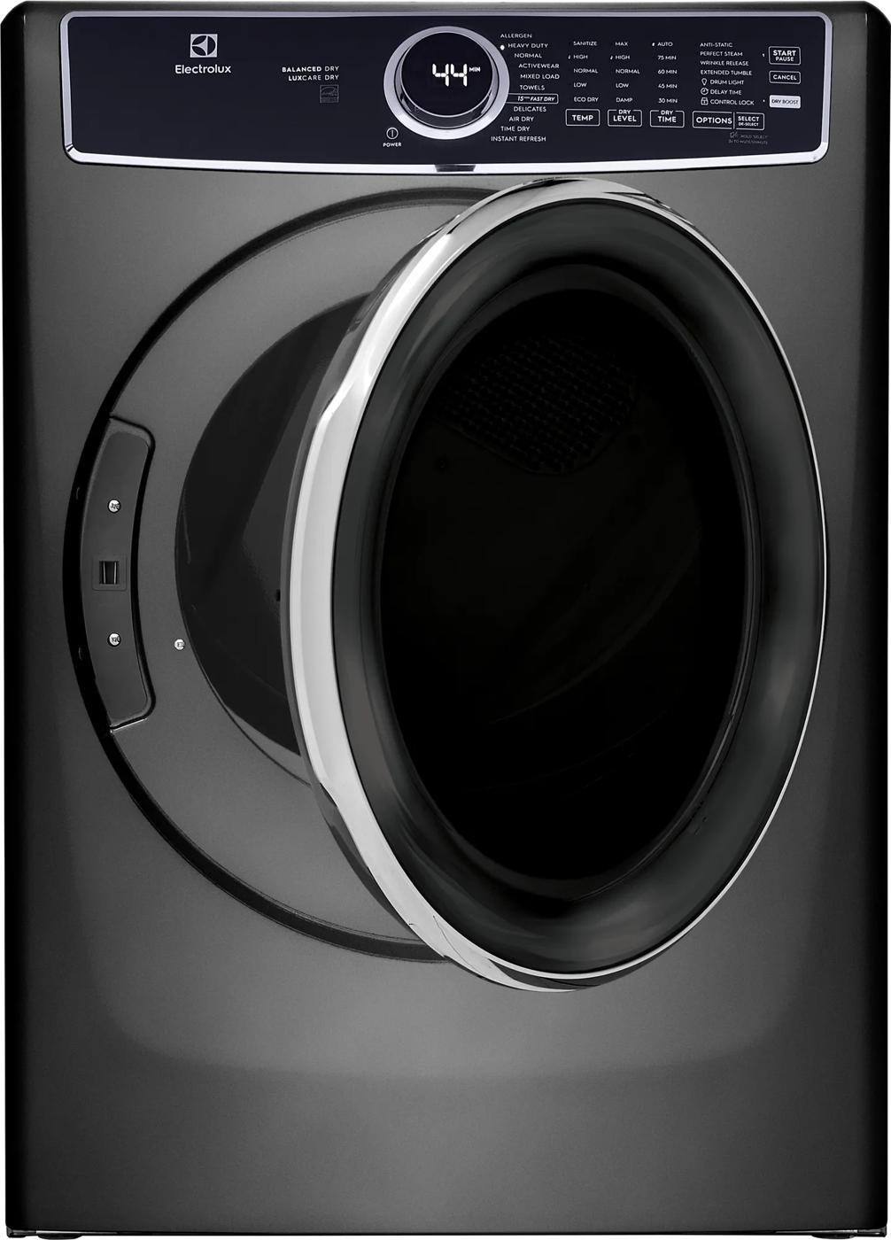 Black front load electric dryer with digital display and control panel, featuring Balanced Dry™ technology in modern appliance setting