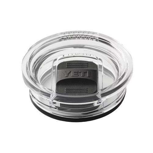 Transparent spill-resistant lid with black slider closure branded with YETI for 20 oz tumbler use