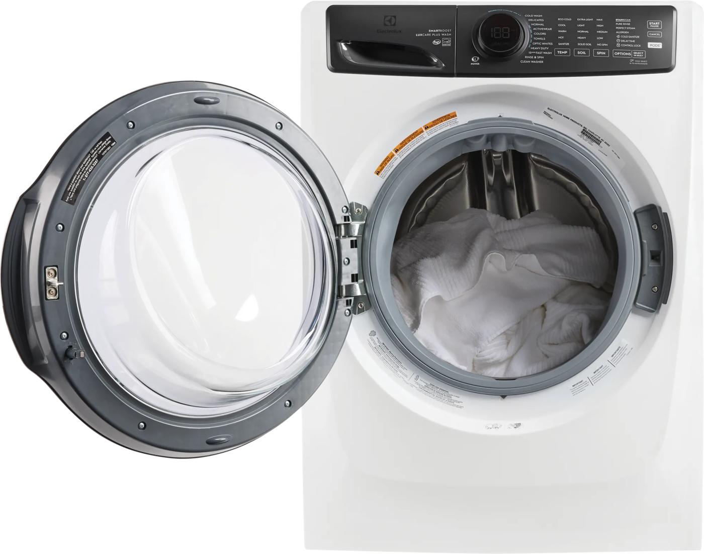matte white front load washer with open door and visible laundry in appliance collection