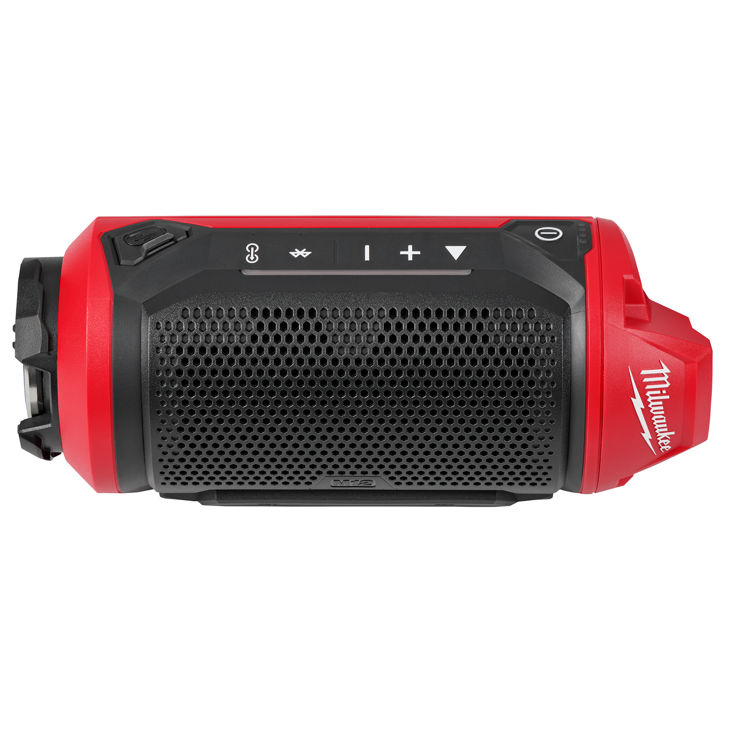 Red and black Milwaukee Bluetooth speaker with volume controls designed for tools and home improvement use
