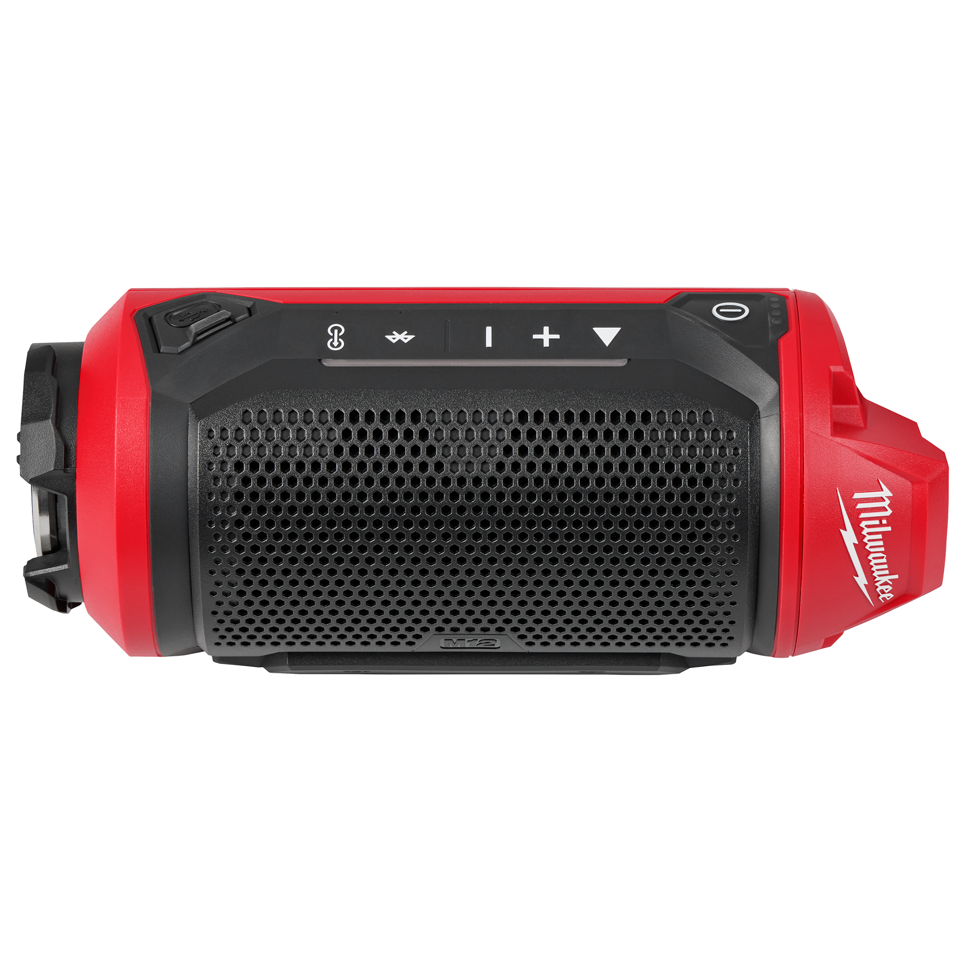 Red and black Milwaukee Bluetooth speaker with volume controls designed for tools and home improvement use