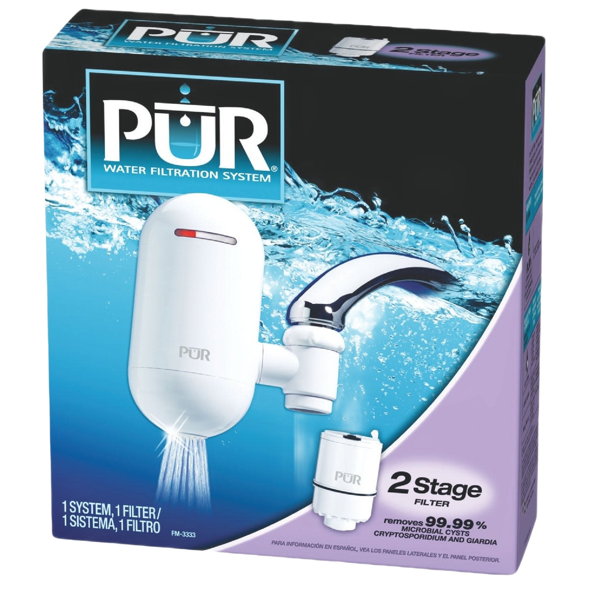 PUR Plus faucet water filter system with two-stage filtration for removing impurities in home water improvement tasks