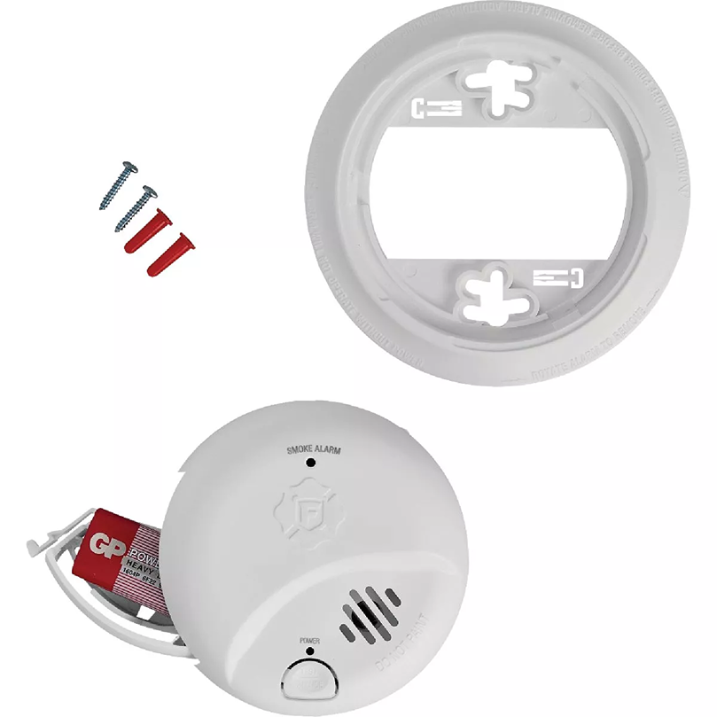 White battery-operated ionization smoke alarm with mounting bracket and screws for fire safety and electrical collections under $50