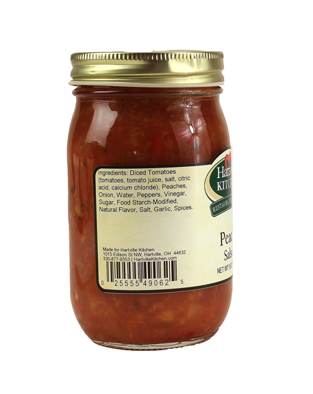 Back view of a 16 oz. peach salsa jar with ingredient list from Hartville Kitchen in the Food & Beverage collection under $50