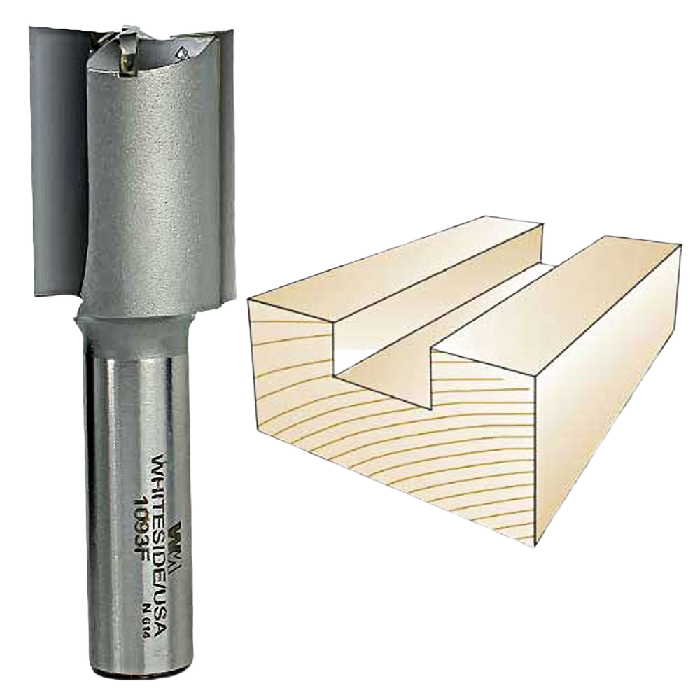 Whiteside straight bit with 1/2-inch shank cutting a clean groove in wood for woodworking tool accessories and home improvement