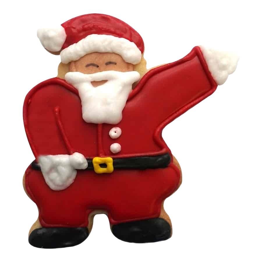 Santa Claus-shaped Christmas cookie decorated with red and white icing and a waving arm pose