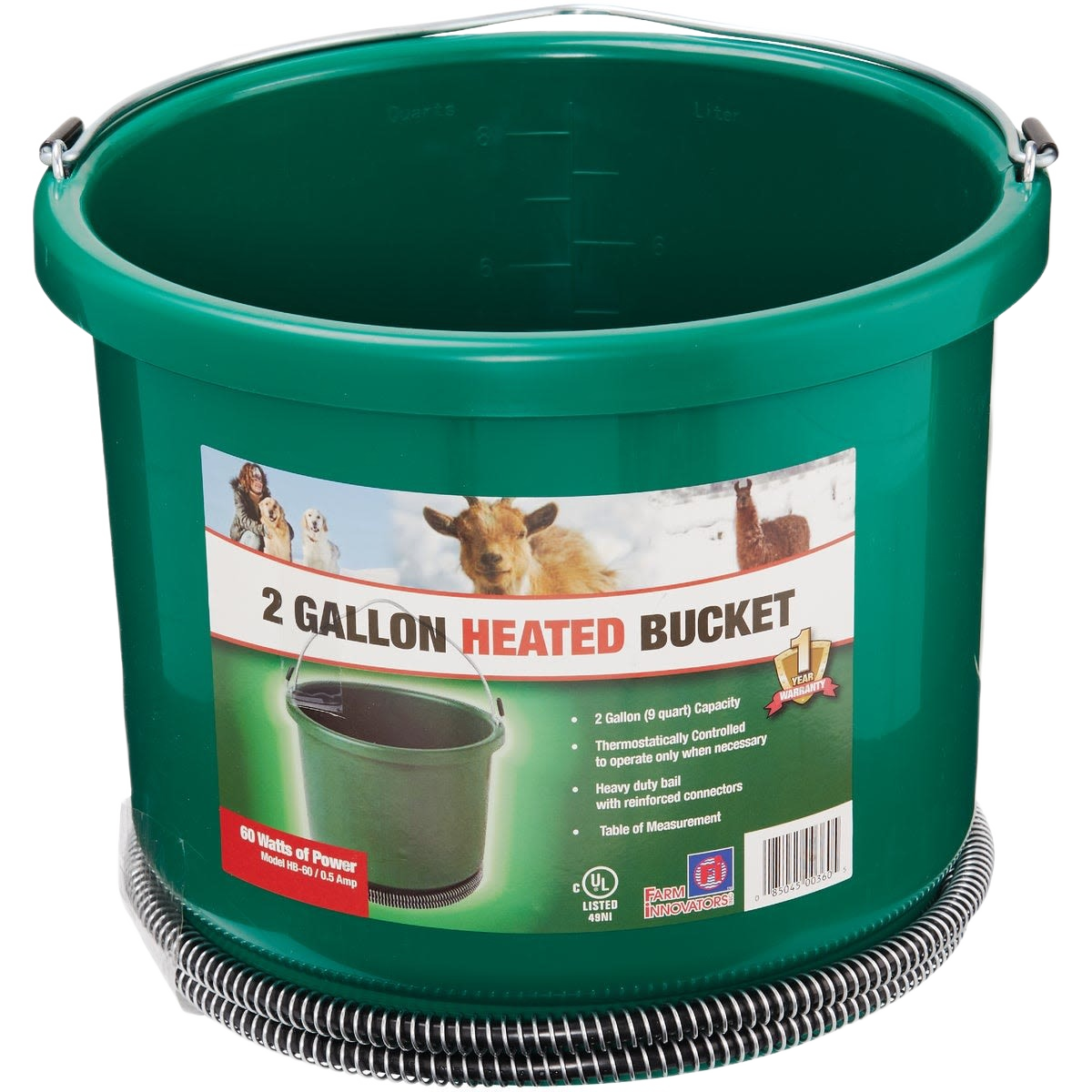 Green oversized plastic bucket with metal handle and attached heating element, designed for efficient use in Cleaning and Buckets collections.