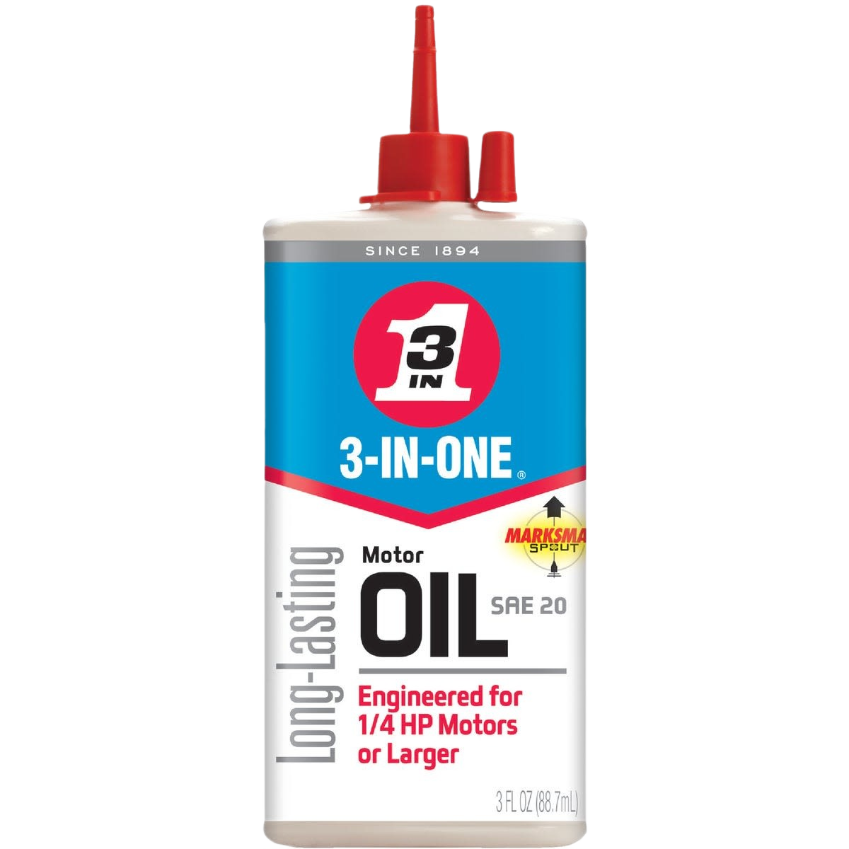 Plastic bottle of 3-IN-ONE SAE 20 motor oil lubricant with red nozzle for automotive and home improvement use