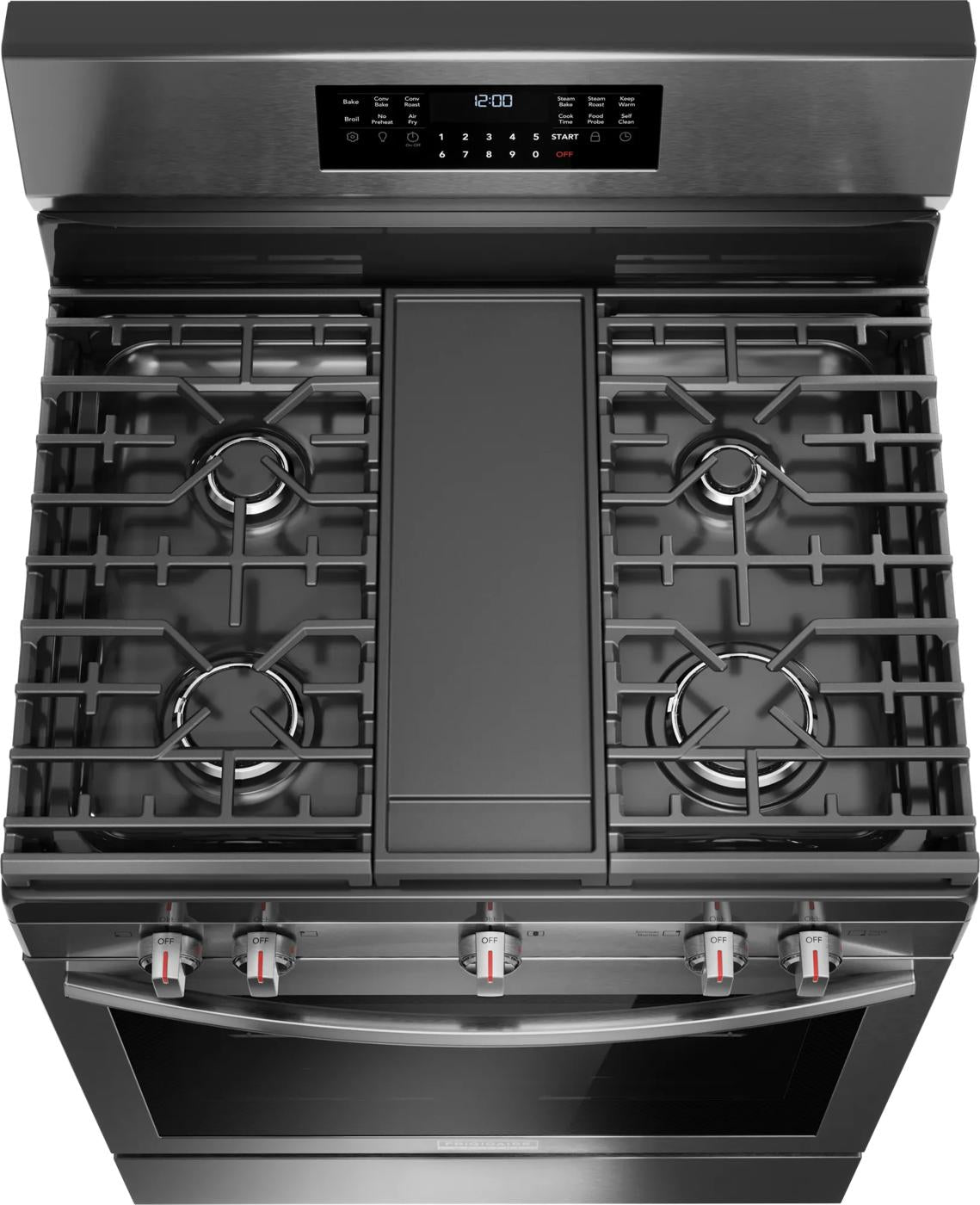 Top view of black rear control gas range with five burners and digital touch control panel in kitchen appliances collection