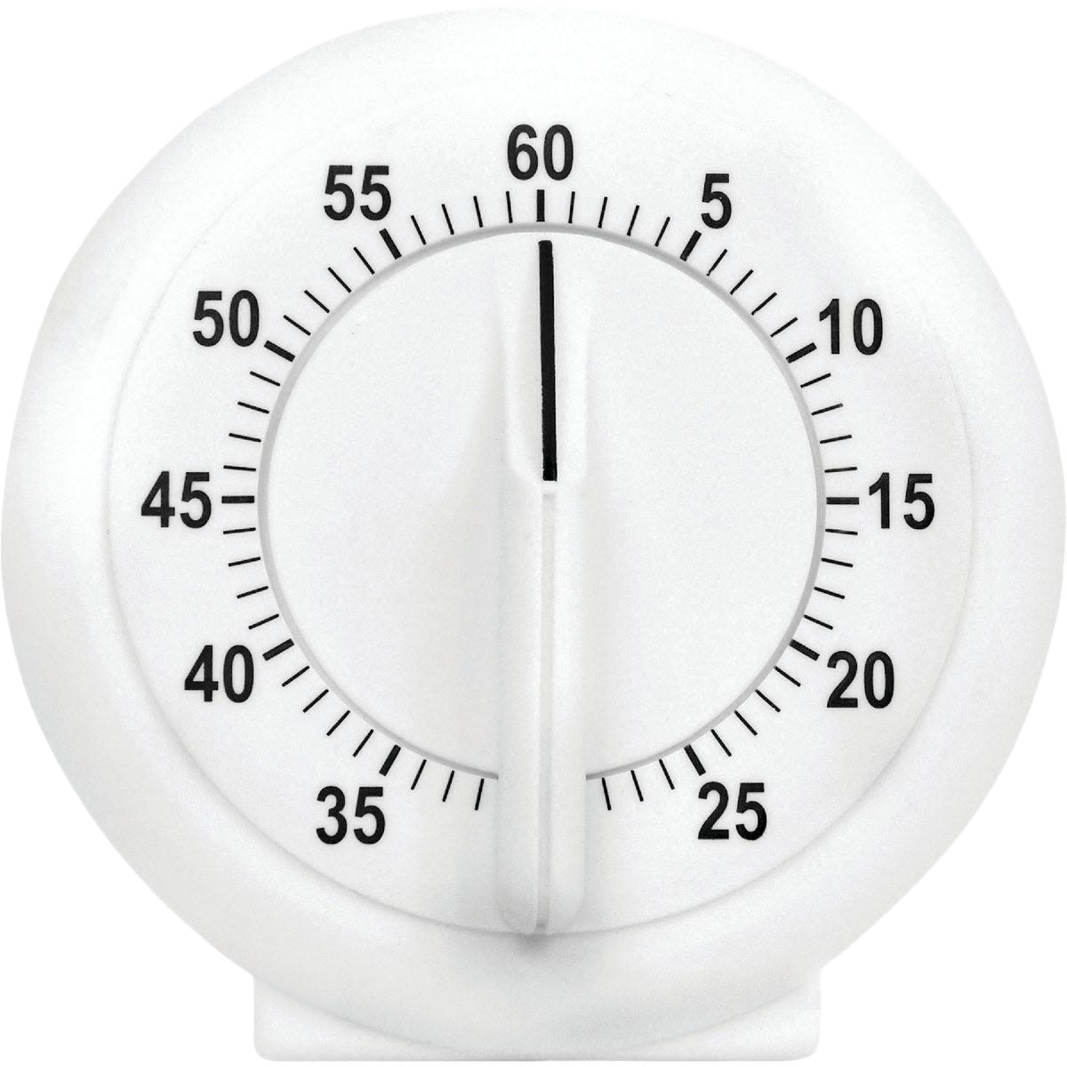 White mechanical kitchen timer with bold black numbers and countdown dial for kitchen gadgets and cookware under $50 collections