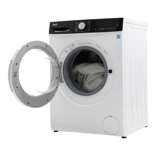 White compact front load washer with black control panel and open door showing laundry inside for washers collection