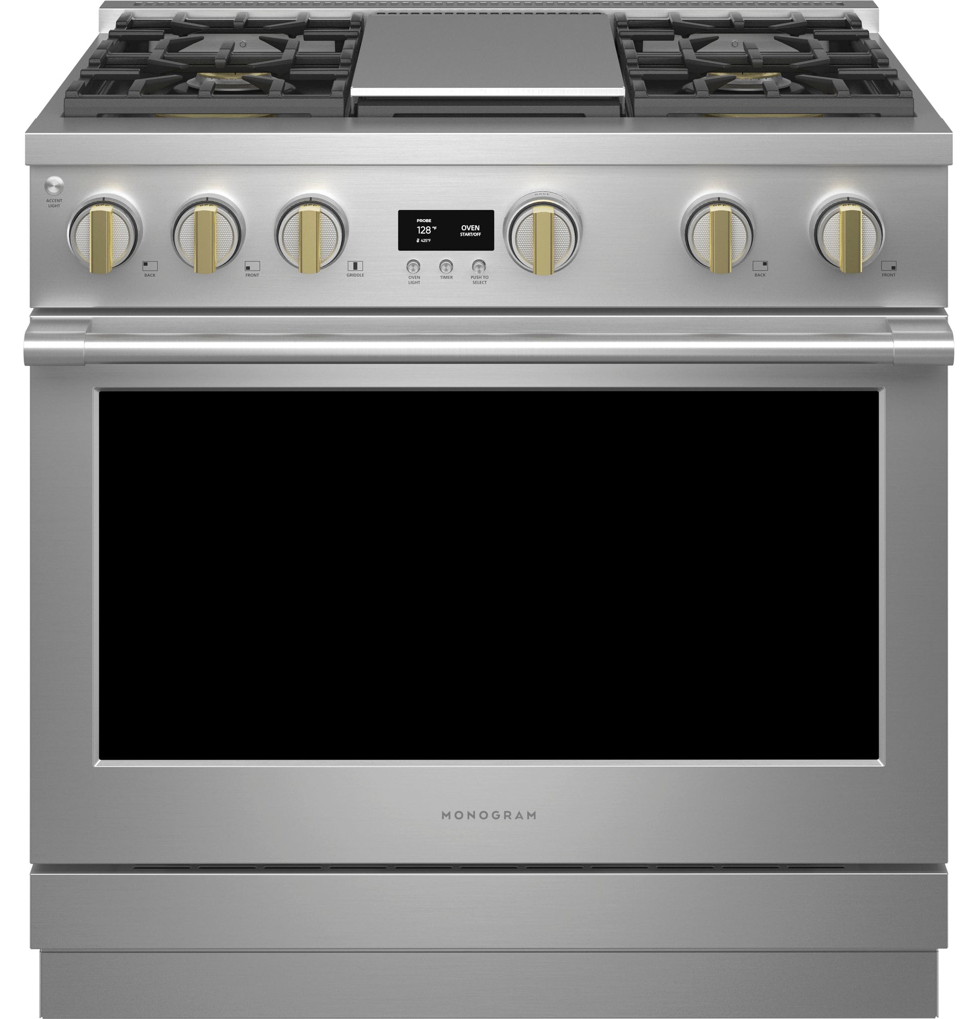 Stainless steel professional gas range with four burners, griddle, and digital controls in Ranges & Kitchenware collection