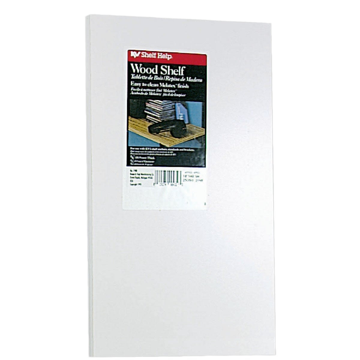 White wood shelf panel with label showing specifications for storage and organization use in home improvement projects