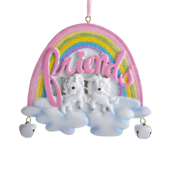 Rainbow ornament with two white unicorns resting on clouds and pink cursive "friends" lettering above