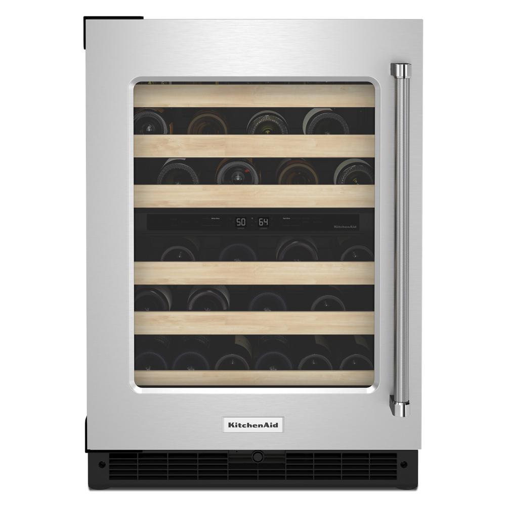 Stainless steel undercounter wine cellar with glass door, wood-front racks, and digital temperature zones in KitchenAid Appliances collection