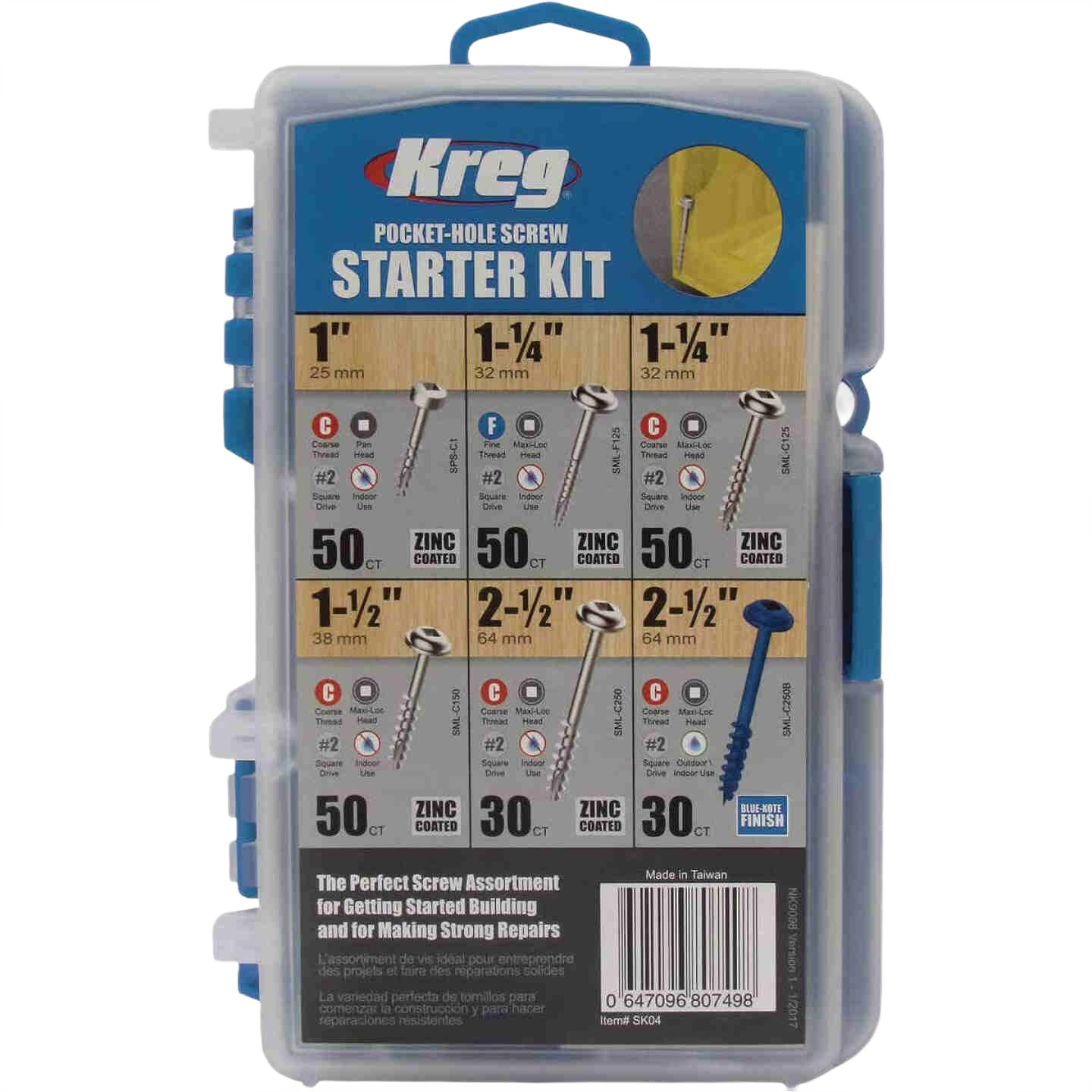 Plastic case with assorted zinc coated pocket-hole screws in multiple sizes for woodworking tool accessories under $50 collection