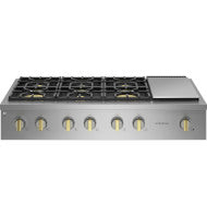 Stainless steel gas rangetop with six burners, integrated griddle, and control knobs in Cooktops and Gas Cooktops collections