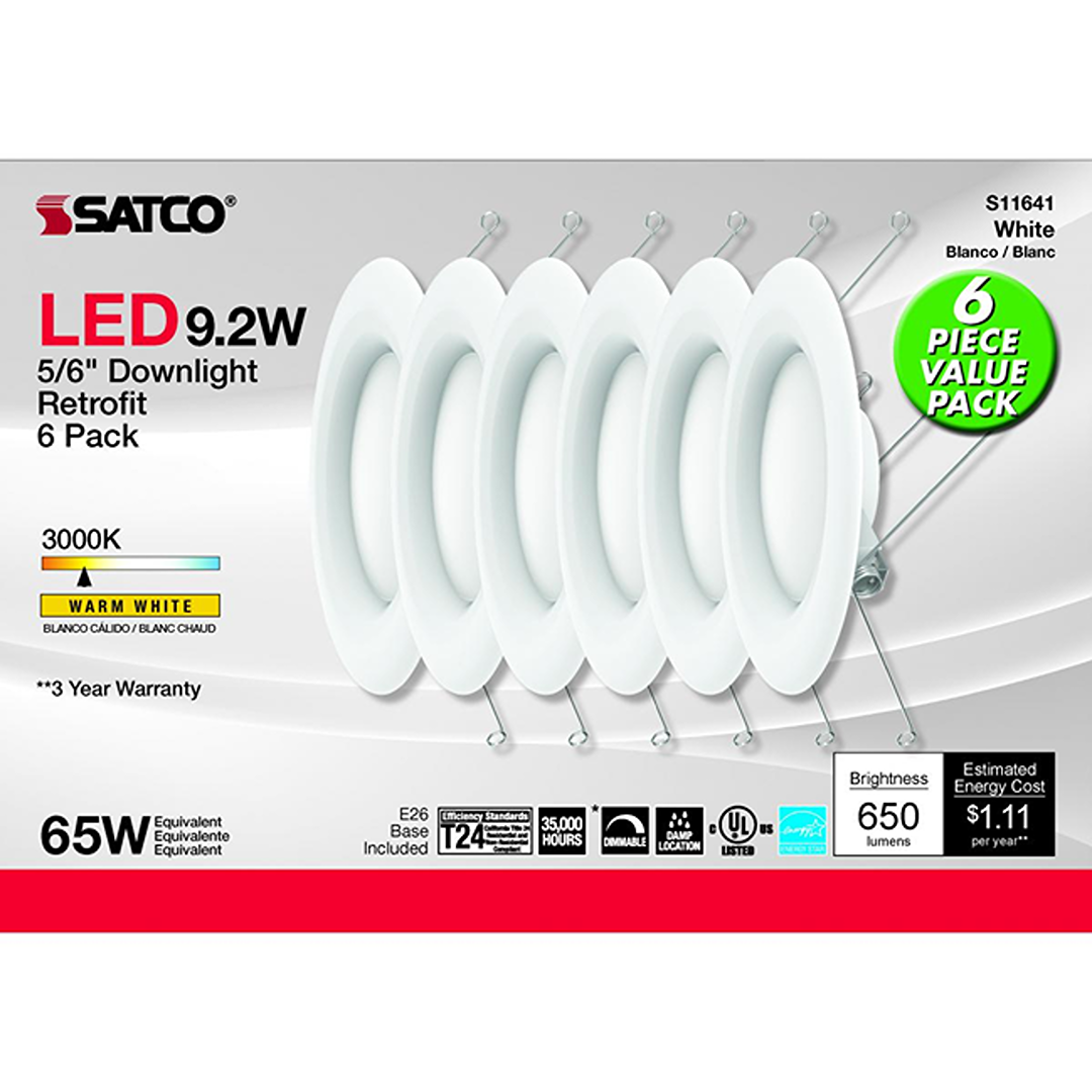 Set of six white 9.2W warm white LED downlight retrofit fixtures for lighting and home improvement under $50 collections
