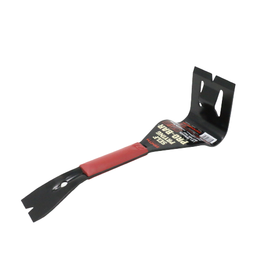 Heavy-duty pry bar with black metal head and red grip for lifting and demolition in home improvement projects