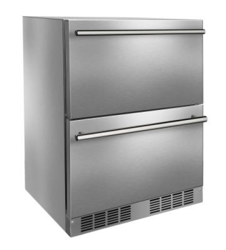 Stainless steel dual-drawer refrigerated unit with horizontal handles and vented base in kitchen appliances collection