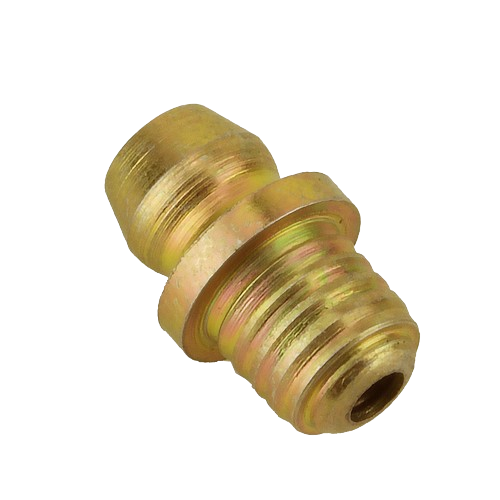Brass-toned threaded lubrication fitting designed for shank drive systems in tools and home improvement use