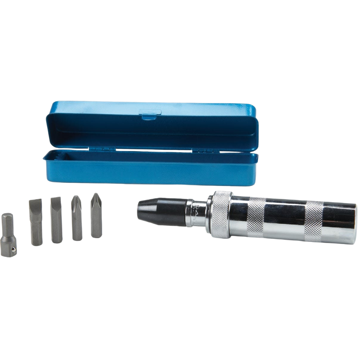 Compact impact driver set with six metal bits and textured grip handle in blue storage case for home improvement tasks