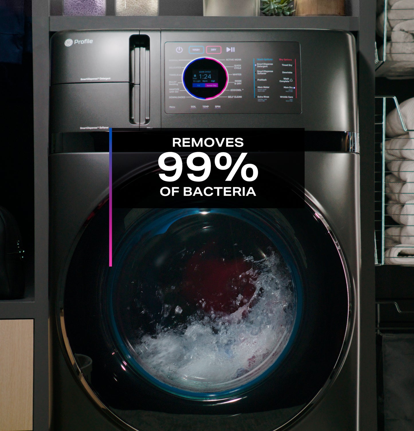 Front load GE Profile ENERGY STAR washer/dryer combo with digital control panel in appliance laundry centers collection