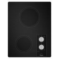 Black 15-inch electric cooktop with two circular burners and dual control knobs on easy wipe ceramic glass, part of Cooktops and Kitchen & Kitchenware collections.