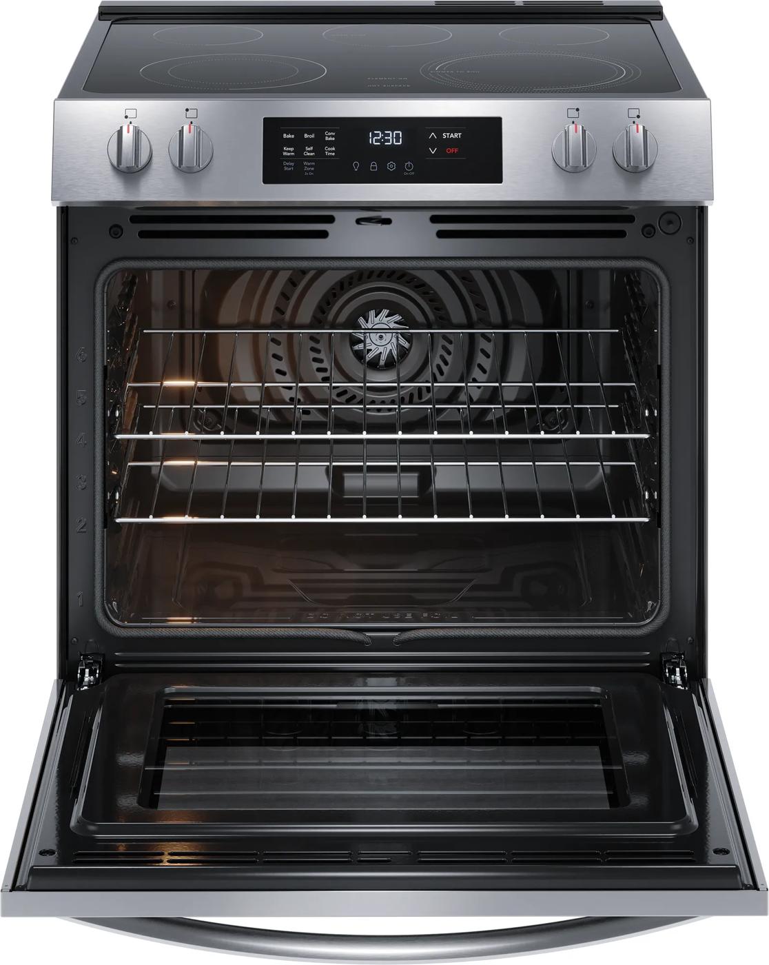 Open front control electric range with convection oven and glass-ceramic cooktop in kitchen and appliances collection