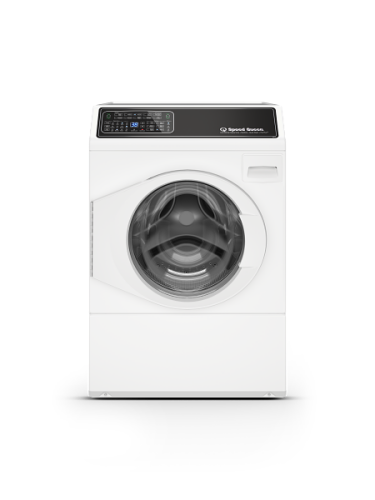 White front load washer with left-hinged door and digital control panel in washers and appliances collection