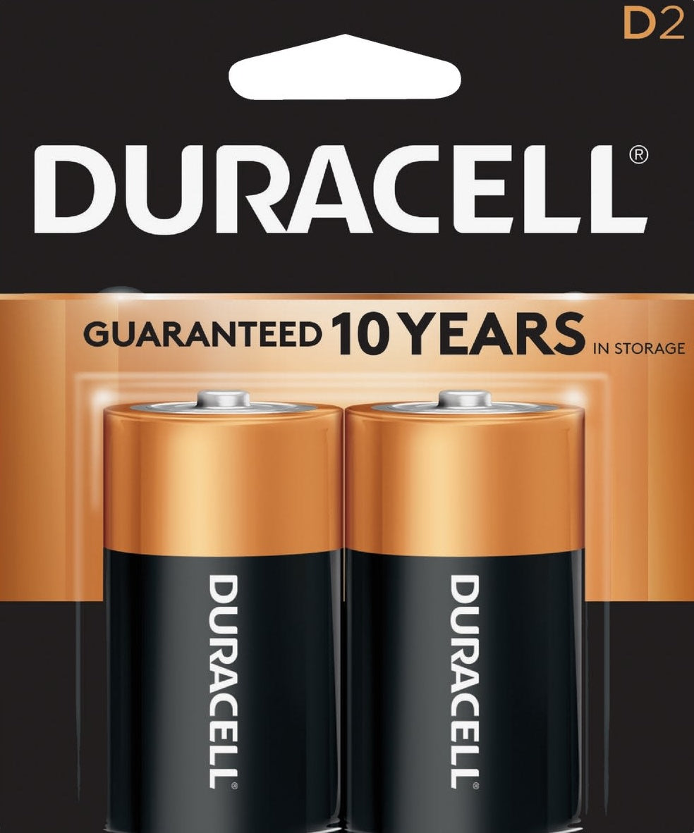 Two-pack of copper and black alkaline D batteries with 10-year storage guarantee for tools and home improvement tasks