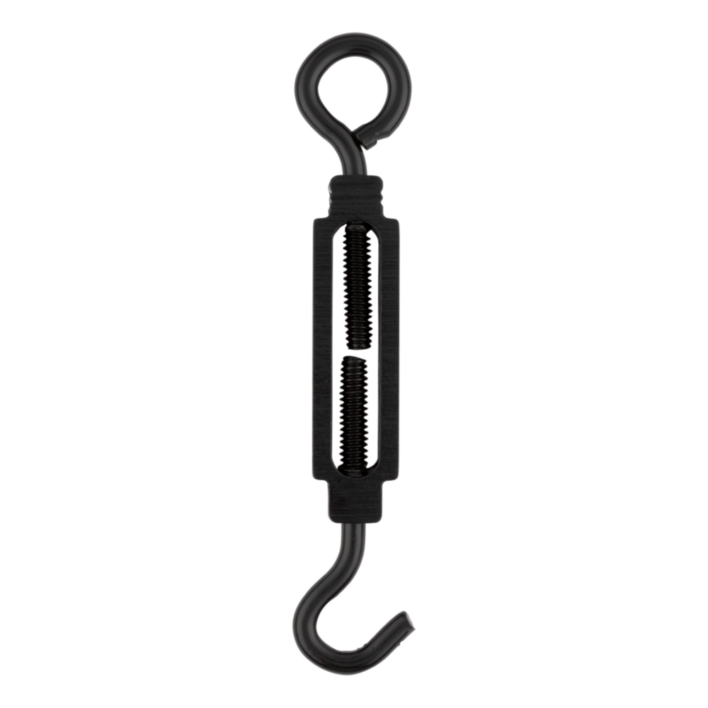 Black hook and eye turnbuckle with storm shine finish for tension control in garage storage and home improvement tools