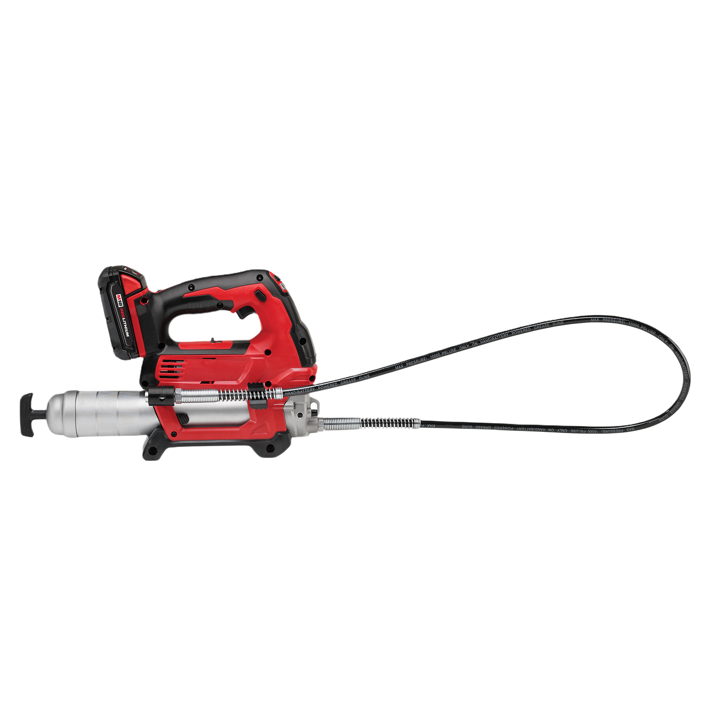 Red and black cordless grease gun with flexible hose and dual-speed control for professional lubrication in tools and home improvement tasks