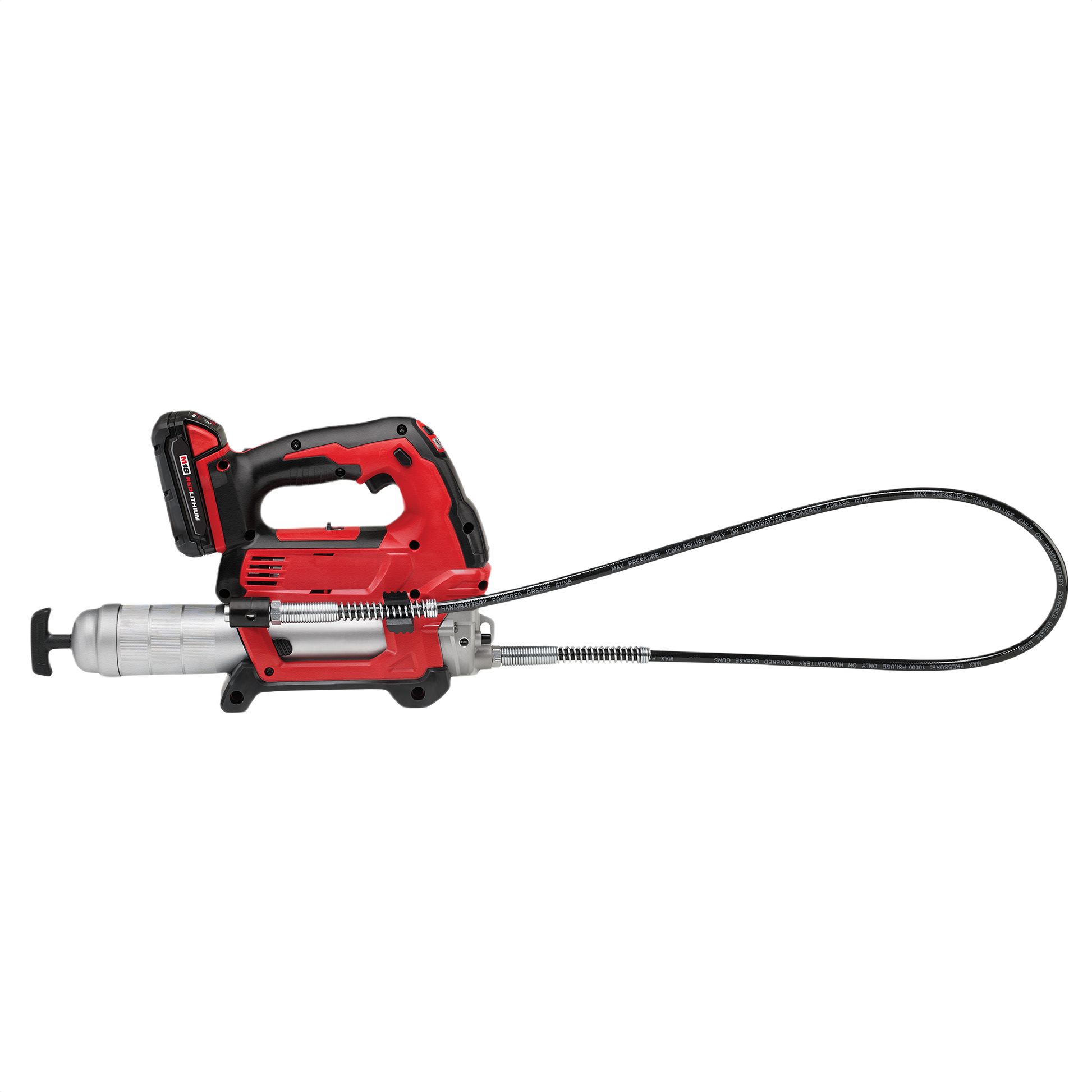 Red and black cordless grease gun with flexible hose and dual-speed control for professional lubrication in tools and home improvement tasks