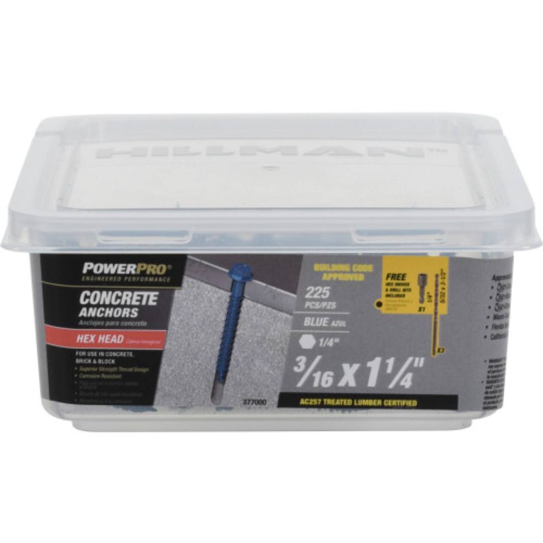 Plastic container of blue hex washer-head concrete screw anchors for hardware and fasteners under $50 collection