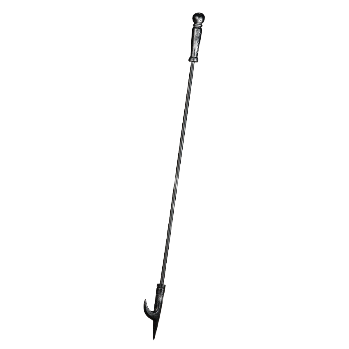 Black cast-iron fireplace poker with decorative handle and hooked tip for hearth tool use and home improvement tasks