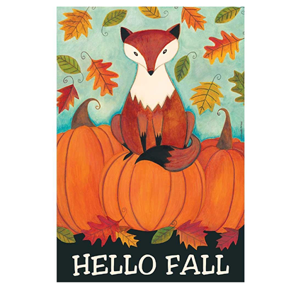 Decorative fall garden flag with fox, pumpkins, and autumn leaves in outdoor decor under $50 collection