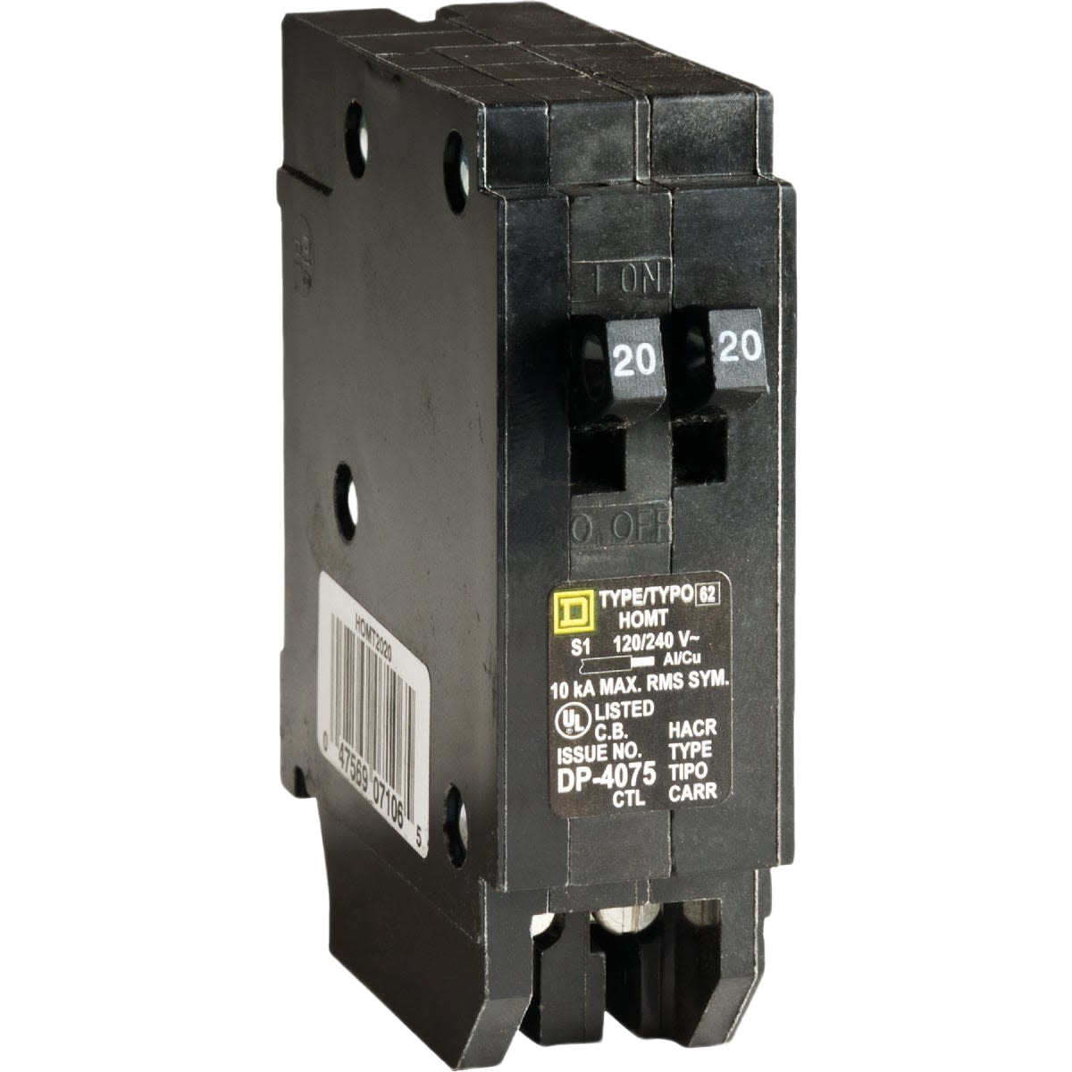 Black twin single-pole tandem circuit breaker with 20-amp switches for residential electrical panel upgrades