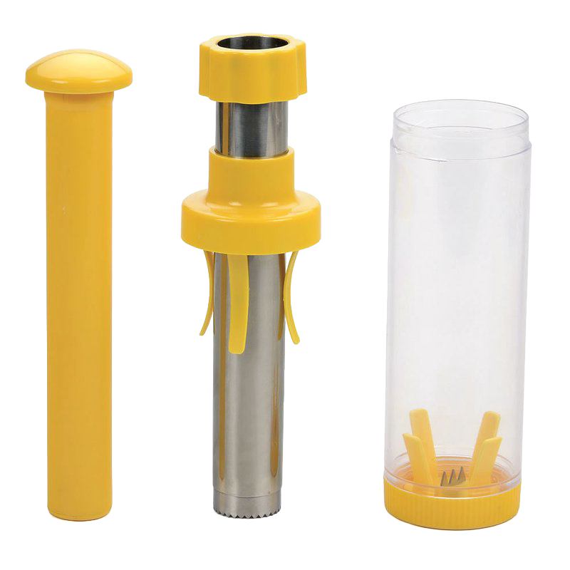 Yellow and stainless steel corn stripping tool with clear detachable container, kitchenware under $50 for easy food prep