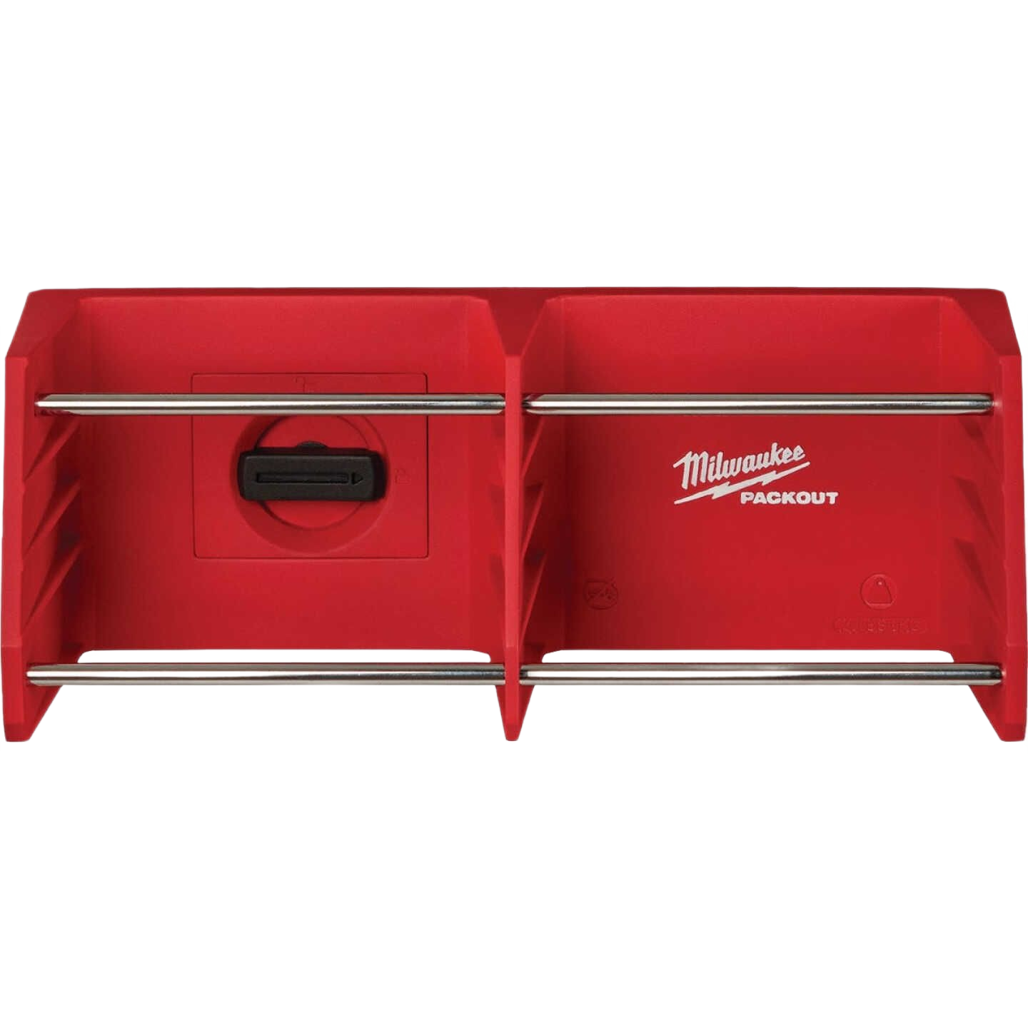 Red Milwaukee PACKOUT modular tool rack with metal support bars for organized tool storage in home improvement projects