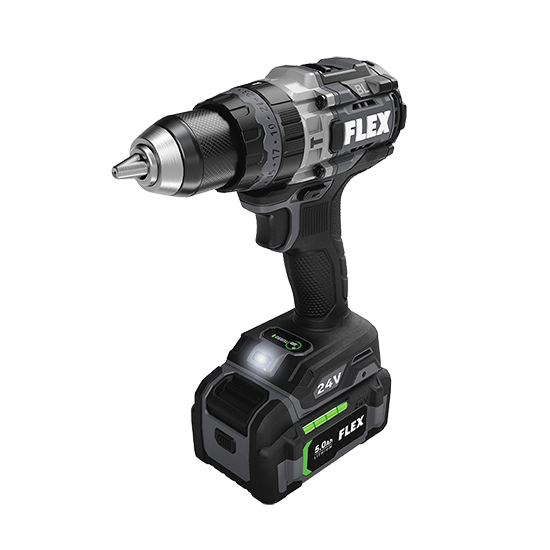 Cordless 24V FLEX hammer drill with LED light and ergonomic grip designed for home improvement tasks and tool use
