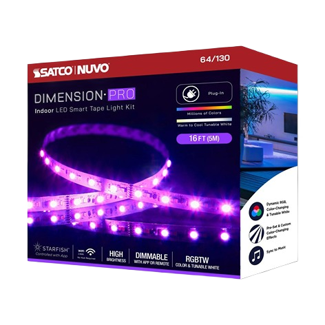 Satco Dimension Pro 16-foot indoor LED smart tape light kit with adjustable colors and brightness for home lighting and electrical collections