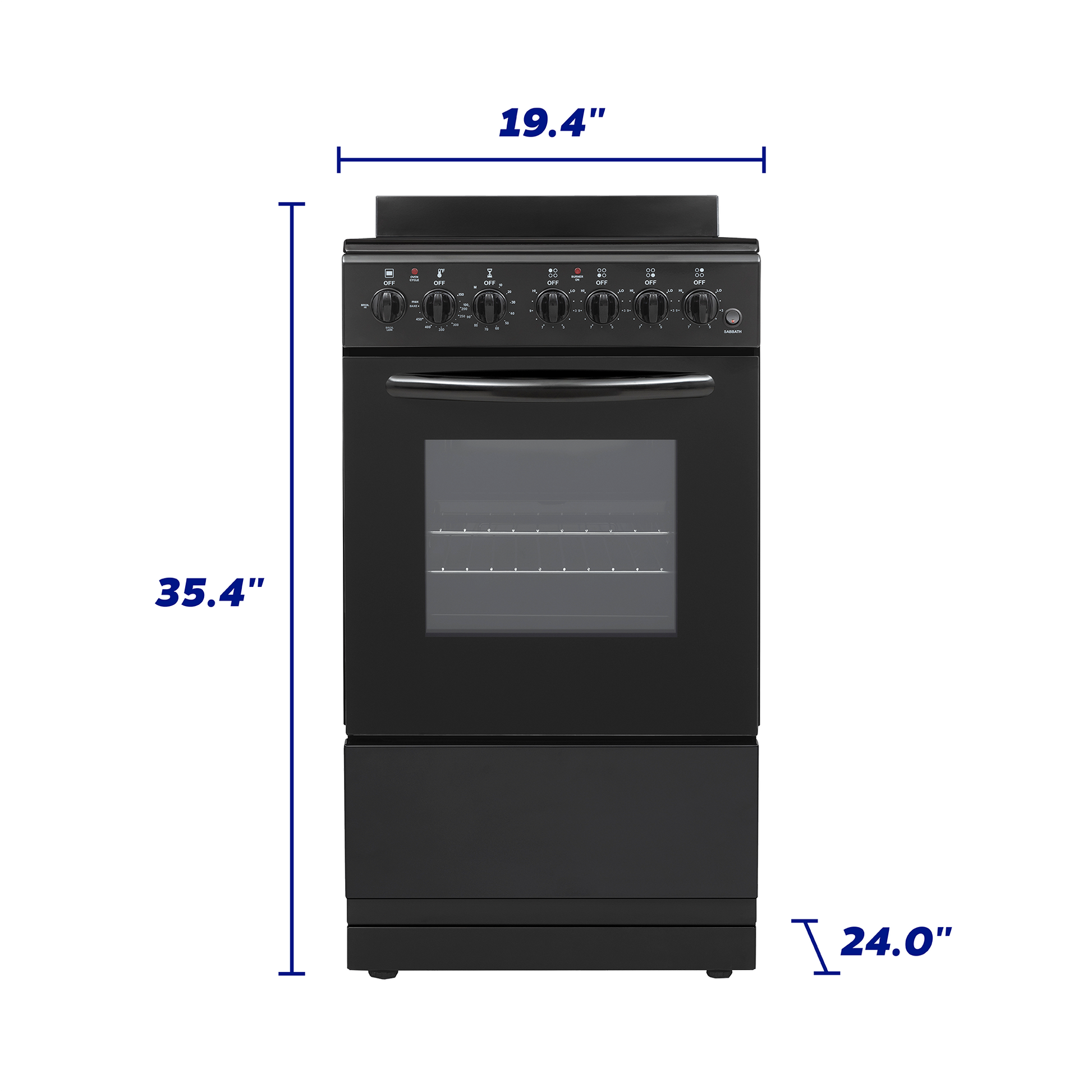 Compact black electric range with six control knobs, glass oven door, and lower storage drawer for kitchen appliances.