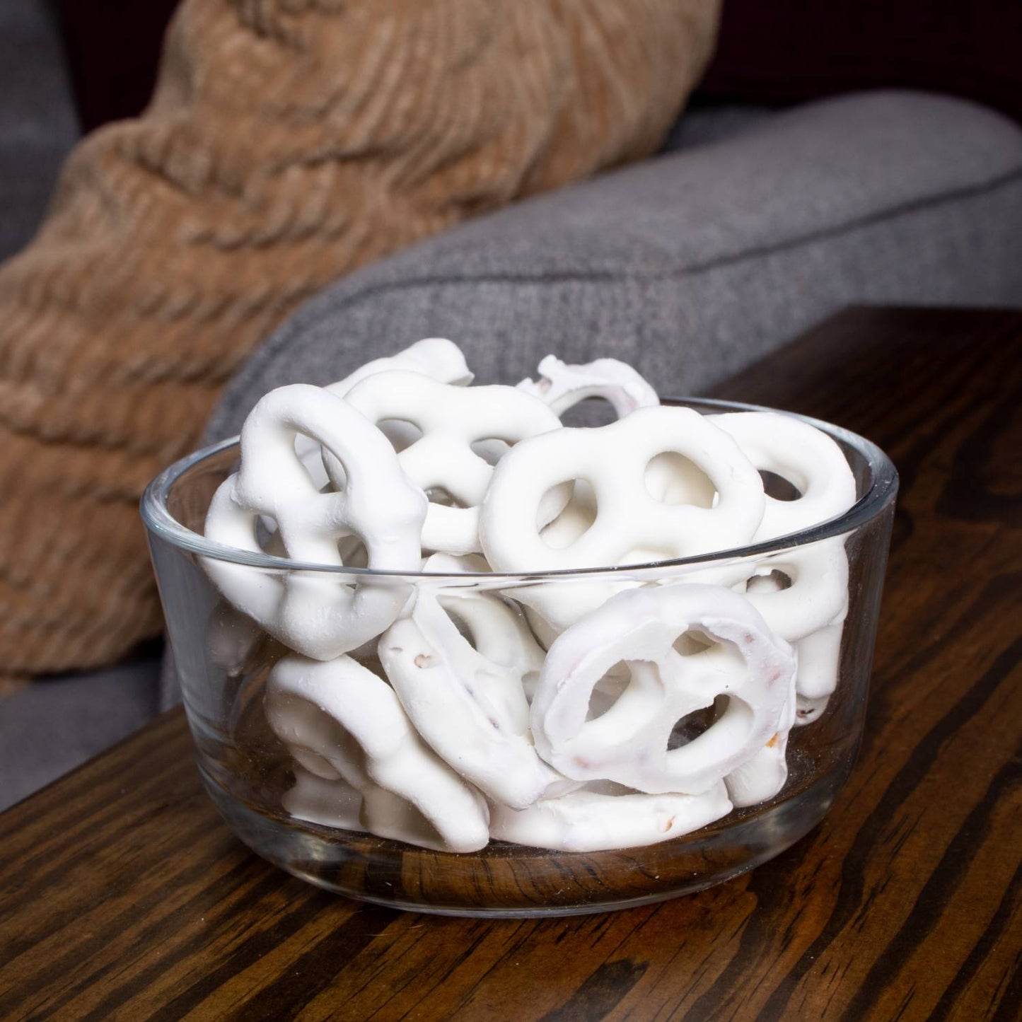 Glass bowl filled with white chocolate coated pretzels from Chips & Snacks and Food & Beverage under $50 collections