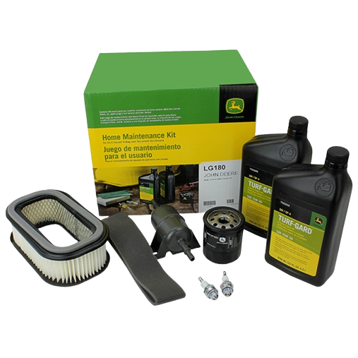 Home maintenance kit with air filter, oil filter, spark plugs, fuel filter, and two containers of engine oil for tools care